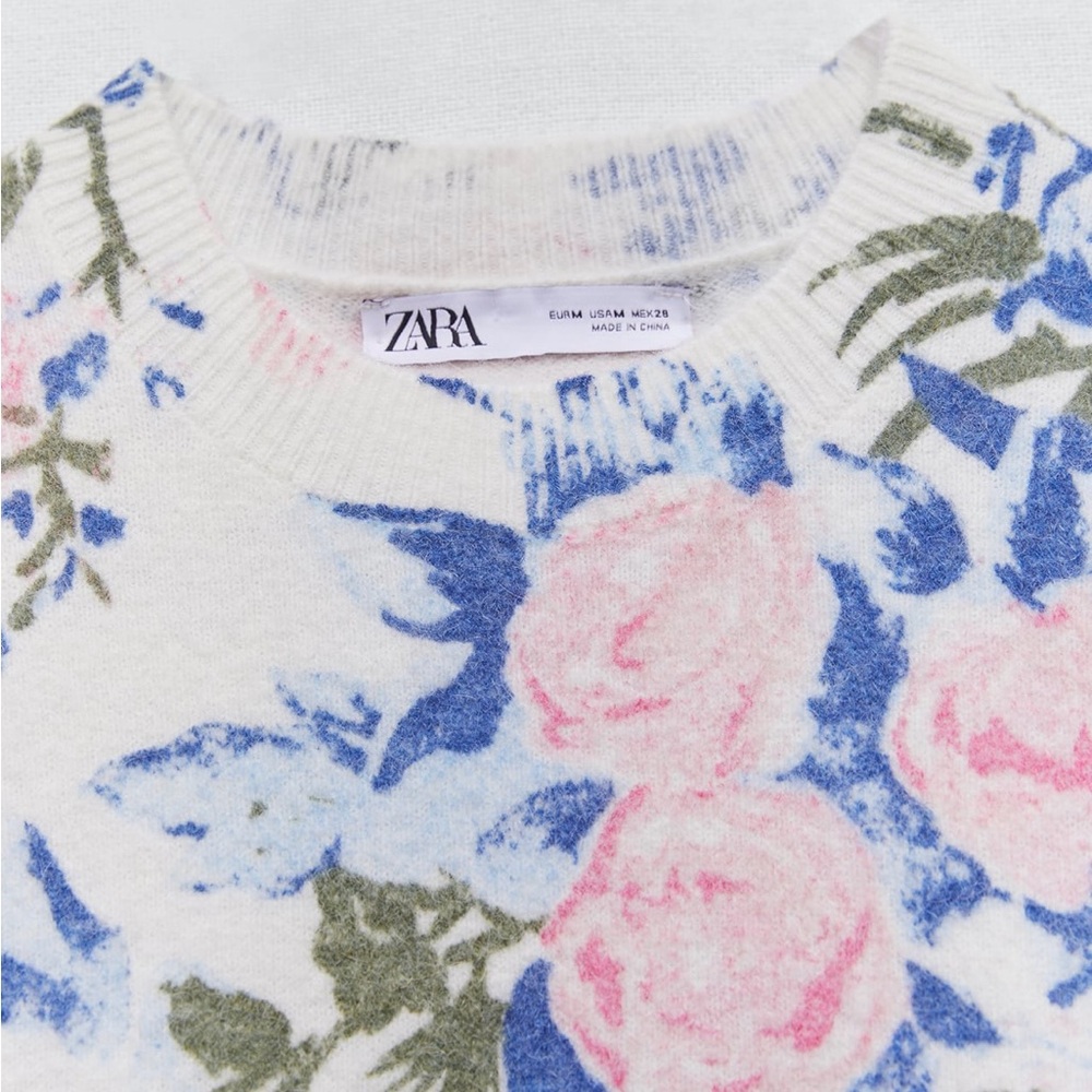Zara Floral Crewneck Sweater in White, Pink, Blue, Olive - Picture 7 of 8
